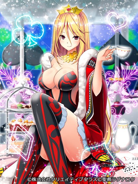 Anime picture 600x800 with seiten ragnarok pochadon single long hair tall image blush breasts light erotic blonde hair red eyes girl thighhighs dress black thighhighs food sweets crown cup cake