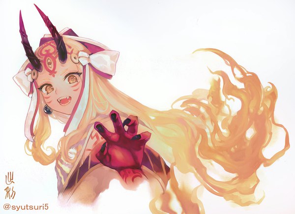 Anime picture 900x653 with fate (series) fate/grand order ibaraki douji (fate) shutsuri single long hair looking at viewer open mouth blonde hair simple background white background signed yellow eyes upper body horn (horns) fang (fangs) tattoo twitter username facial mark oni horns