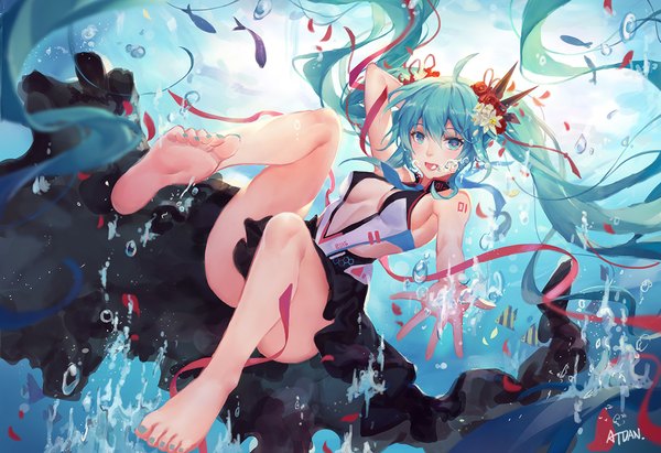 Anime picture 1180x810 with vocaloid hatsune miku atdan single looking at viewer breasts open mouth light erotic twintails very long hair aqua eyes aqua hair underwater girl dress flower (flowers) ribbon (ribbons) hair ribbon petals bubble (bubbles)