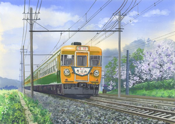 Anime picture 4260x3018 with original hirota highres absurdres sky cloud (clouds) red hair cherry blossoms no people landscape plant (plants) tree (trees) window grass train railways