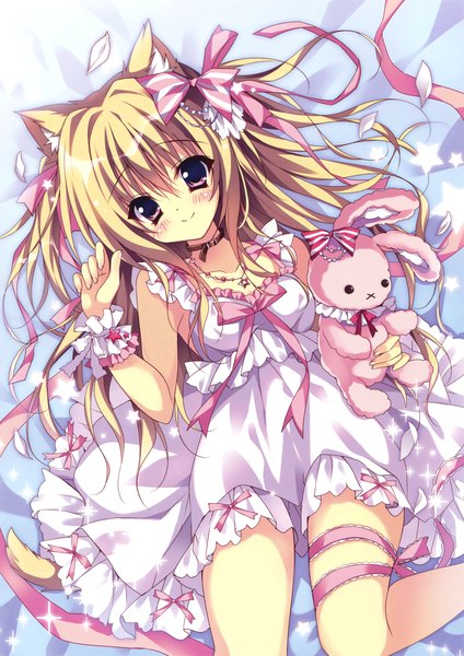 Anime picture 2332x3300 with original eshi 100-nin ten herurun single long hair tall image highres blonde hair smile brown eyes animal ears tail lying animal tail from above cat ears scan on back cat tail girl