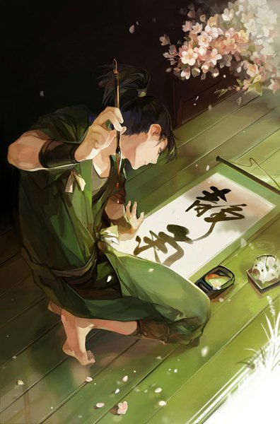 Anime picture 700x1061 with rakudai ninja rantarou shioe monjirou nineo single tall image fringe short hair holding ponytail traditional clothes japanese clothes barefoot from above black eyes arm support kneeling cherry blossoms hieroglyph reflection dark hair