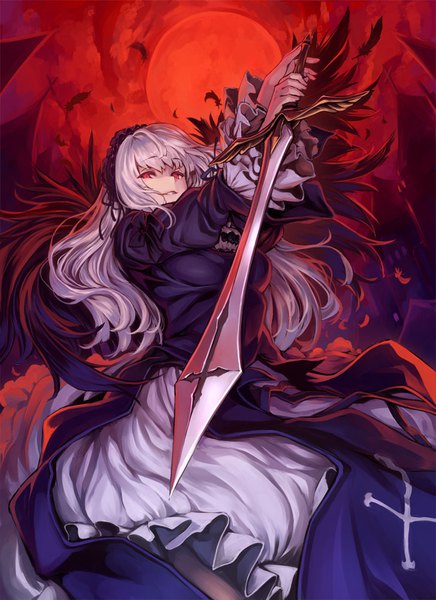 Anime-Bild 728x1000 mit rozen maiden suigintou shiokonbu single long hair tall image looking at viewer fringe red eyes holding silver hair fighting stance lolita fashion goth-loli red moon girl dress weapon sword black dress