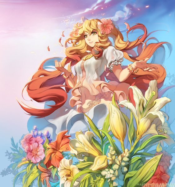 Anime picture 1000x1065 with original caesty single tall image brown hair yellow eyes sky cloud (clouds) very long hair multicolored hair hair flower two-tone hair wavy hair girl dress hair ornament flower (flowers) petals