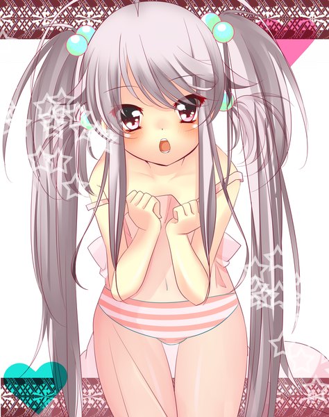 Anime picture 1000x1266 with original haruta (806060) single long hair tall image looking at viewer blush open mouth light erotic red eyes twintails silver hair girl navel underwear panties