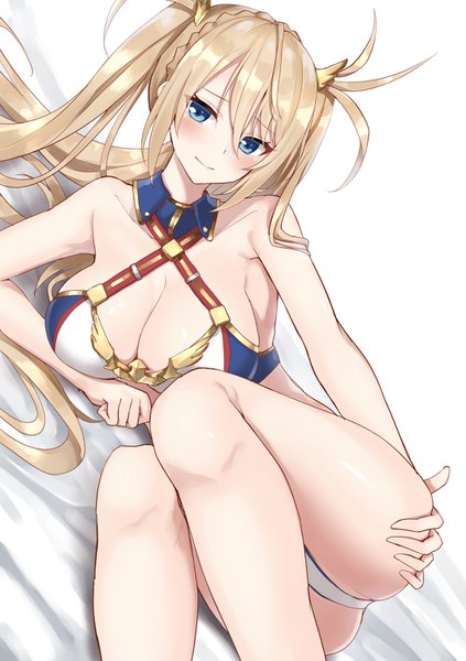 Anime-Bild 1062x1505 mit fate (series) fate/grand order bradamante (fate/grand order) piripun single long hair tall image looking at viewer blush fringe breasts blue eyes light erotic simple background hair between eyes large breasts twintails payot cleavage bent knee (knees)