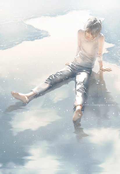Anime picture 785x1139 with original re (artist) single tall image fringe short hair sitting signed full body outdoors eyes closed long sleeves barefoot from above grey hair hair over one eye arm support reflection boy water