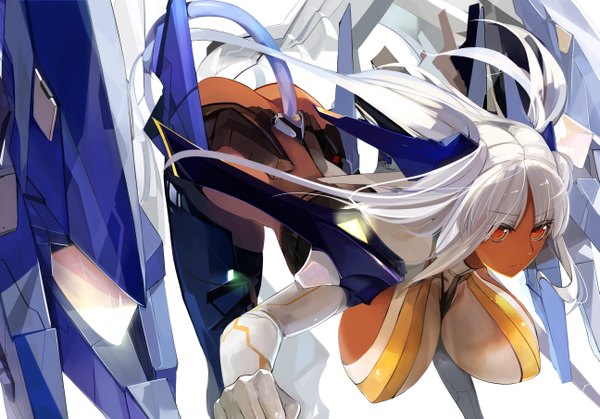 Anime picture 5180x3624 with original pupps single long hair highres breasts light erotic absurdres ass white hair orange eyes huge breasts dark skin girl suit hose