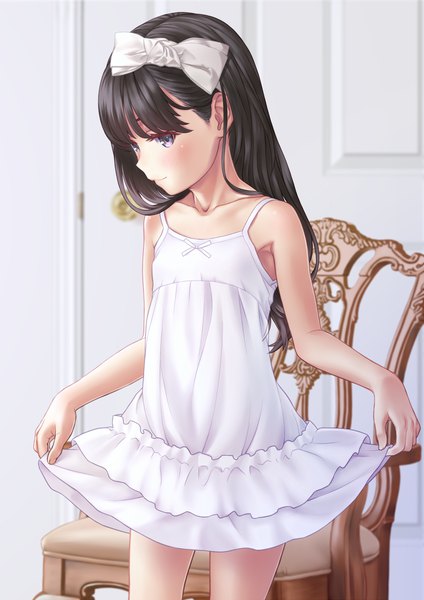 Anime picture 849x1200 with original aoi kumiko single long hair tall image looking at viewer blush fringe black hair smile standing purple eyes bare shoulders indoors blunt bangs light smile sleeveless dress lift girl dress