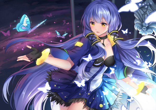 Anime picture 2000x1414 with vocaloid xingchen moyu single long hair blush fringe highres open mouth yellow eyes looking away cleavage purple hair pleated skirt arm up wide sleeves open jacket outstretched arm glow tress ribbon