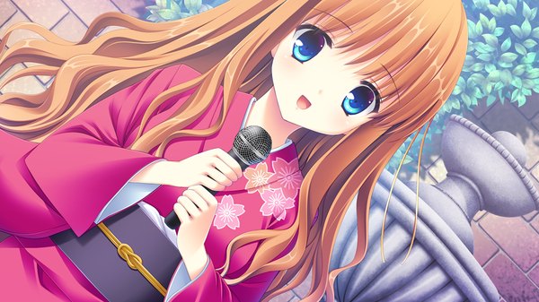 Anime picture 1024x576 with sugirly wish himeyuri megumi long hair open mouth blue eyes wide image game cg japanese clothes orange hair girl kimono microphone