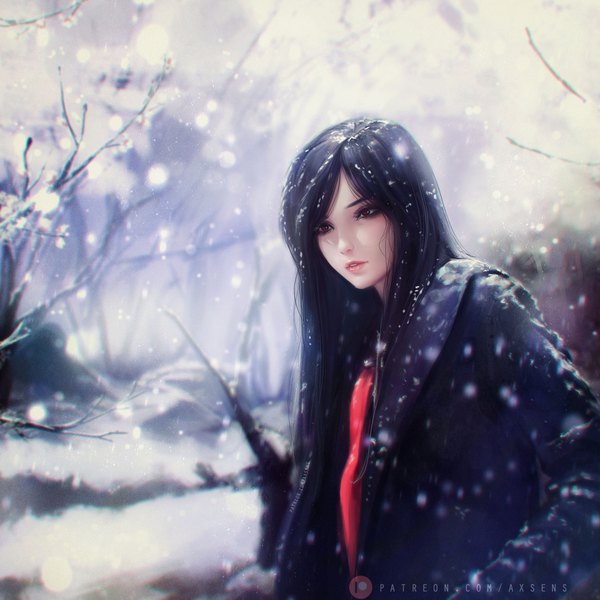Anime picture 4000x4000 with original axsen single long hair fringe highres black hair red eyes standing signed looking away absurdres upper body outdoors parted lips head tilt lips blurry realistic open jacket