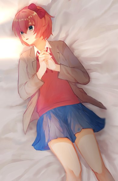 Anime picture 1432x2201 with doki doki literature club sayori (doki doki literature club) azuyan single tall image fringe short hair open mouth blue eyes hair between eyes brown hair looking away lying long sleeves pleated skirt open clothes turning head hands clasped girl skirt
