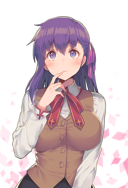 Anime picture 700x1026 with fate (series) fate/stay night type-moon matou sakura g.t single long hair tall image blush fringe breasts purple eyes looking away purple hair ahoge finger to mouth girl ribbon (ribbons) hair ribbon cross