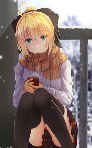 Anime picture 1800x2880 with fate (series) fate/stay night artoria pendragon (all) saber bakanoe single tall image looking at viewer highres short hair blue eyes light erotic blonde hair ahoge girl skirt bow hair bow miniskirt scarf