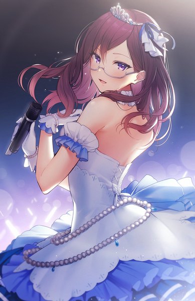 Anime picture 970x1495 with idolmaster idolmaster cinderella girls idolmaster cinderella girls starlight stage yagami makino juugonichi (wheeliex2) single long hair tall image looking at viewer blush fringe open mouth smile hair between eyes brown hair standing purple eyes holding back turning head