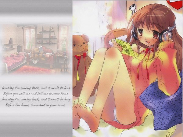 Anime picture 1024x768 with suzumiya haruhi no yuutsu kyoto animation asahina mikuru itou noiji light erotic sitting official art pantyshot pantyshot sitting girl underwear panties headphones sweater sweater dress