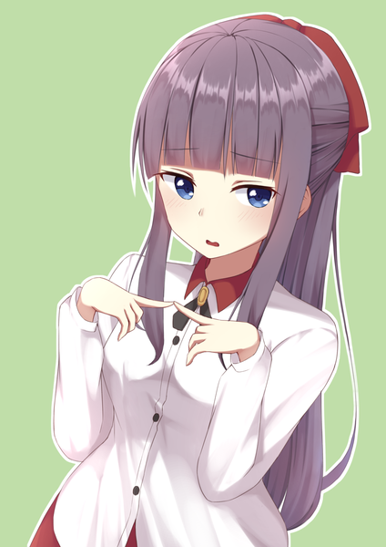 Anime picture 1191x1684 with new game! doga kobo takimoto hifumi erezu single long hair tall image blush fringe open mouth blue eyes simple background payot looking away purple hair upper body ponytail blunt bangs green background outline