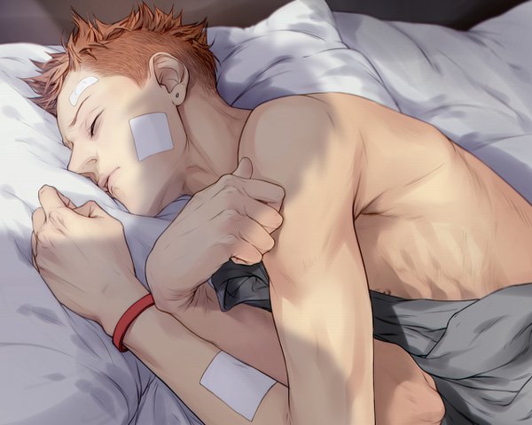 Anime picture 1280x1024 with 19 days mo guan shan tashami short hair pink hair indoors lying eyes closed lips shadow on side crossed arms eyebrows sleeping bandaid on face shirtless boy earrings pillow bed
