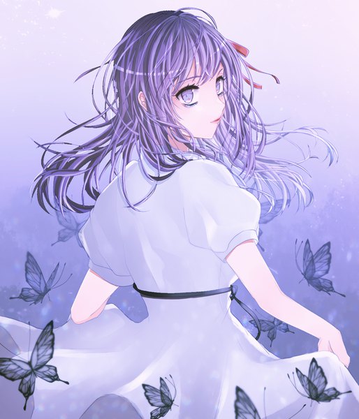 Anime picture 1200x1400 with fate (series) fate/stay night matou sakura sake udon single long hair tall image looking at viewer fringe simple background hair between eyes purple eyes purple hair looking back light smile from behind short sleeves puffy sleeves lipstick gradient background