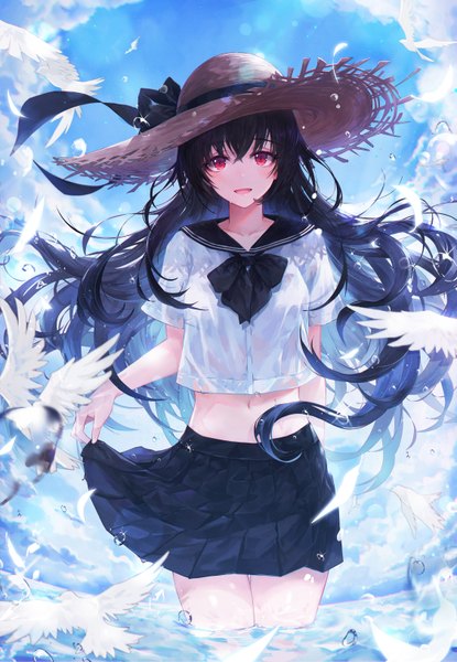 Anime picture 4500x6500 with original crystalherb single long hair tall image looking at viewer blush fringe highres open mouth black hair smile hair between eyes red eyes standing absurdres sky cloud (clouds) outdoors :d