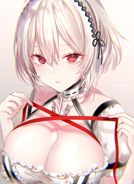 Anime picture 1600x2200 with azur lane sirius (azur lane) pottsness single tall image looking at viewer blush fringe short hair breasts light erotic simple background hair between eyes red eyes large breasts payot cleavage silver hair upper body parted lips