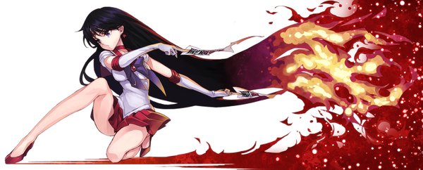 Anime picture 1600x647 with bishoujo senshi sailor moon toei animation hino rei matsuryuu single blue eyes black hair simple background wide image white background very long hair high heels legs magic girl skirt gloves bow miniskirt elbow gloves