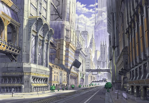Anime picture 2299x1600 with original tomaknights (artist) highres sky cloud (clouds) sunlight city cityscape no people street plant (plants) tree (trees) building (buildings) bridge skyscraper