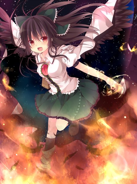 Anime picture 1099x1478 with touhou reiuji utsuho kaenbyou rin marotti long hair tall image blush open mouth black hair red eyes arm cannon girl skirt bow weapon hair bow miniskirt shirt feather (feathers) fire