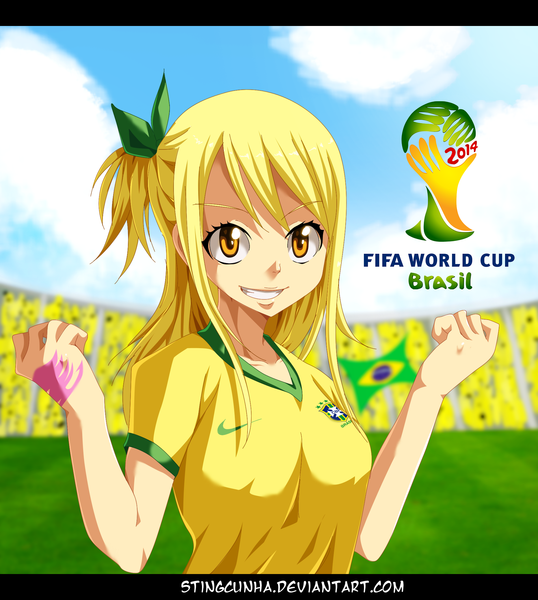 Anime picture 1863x2080 with fairy tail nike world cup 2014 fifa world cup lucy heartfilia stingcunha single long hair tall image highres blonde hair smile sky cloud (clouds) inscription orange eyes tattoo grin one side up coloring