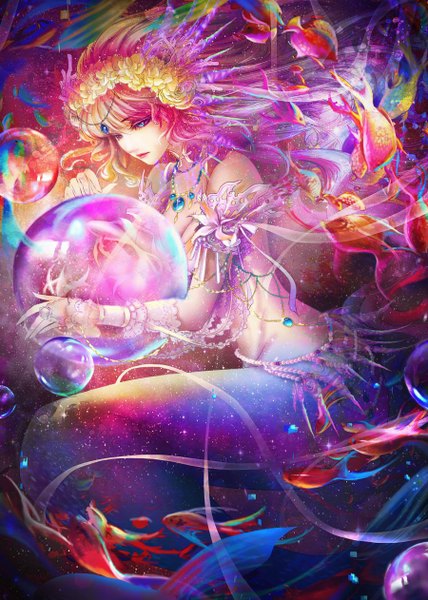 Anime picture 900x1261 with original thuyngan (nguy thuy ngan) single long hair tall image blue eyes light erotic pink hair tail lips midriff underwater fish tail girl hair ornament animal jewelry bubble (bubbles) fish (fishes) wreath
