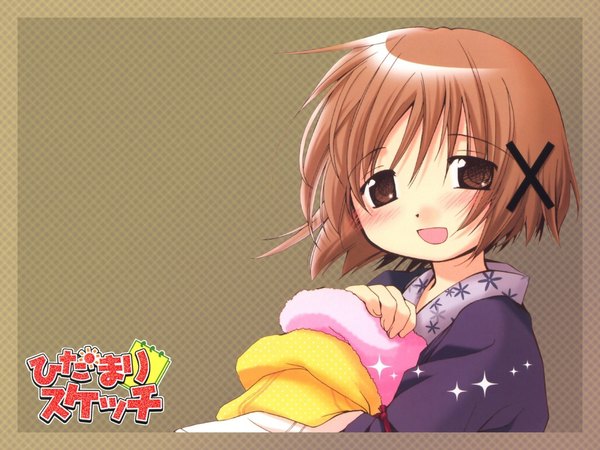 Anime picture 1024x768 with hidamari sketch shaft (studio) yuno blush smile wallpaper x hair ornament towel