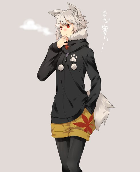 Anime picture 1300x1600 with touhou inubashiri momiji kasuka (kusuki) single tall image short hair red eyes animal ears looking away silver hair tail long sleeves animal tail grey background alternate costume hand in pocket wolf ears wolf tail :< contemporary