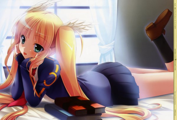 Anime picture 5099x3479 with single long hair blush highres blue eyes blonde hair uniform school uniform tongue book (books) bed