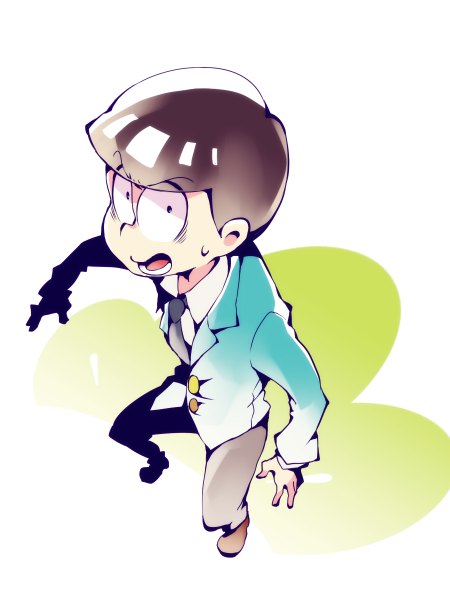 Anime picture 900x1200 with osomatsu-san matsuno choromatsu dossei single tall image short hair open mouth simple background brown hair white background green eyes full body from above sweat surprised formal boy