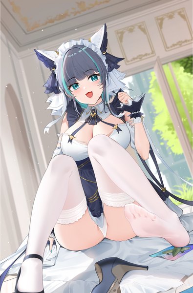 Anime picture 3164x4800 with azur lane cheshire (azur lane) qing wu single tall image looking at viewer blush fringe highres short hair breasts open mouth blue eyes light erotic smile large breasts sitting payot absurdres cleavage