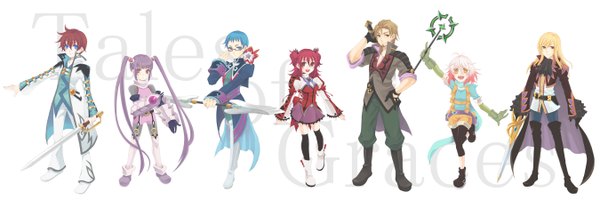 Anime picture 2700x900 with tales of graces sophie (tales) asbel lhant cheria barnes richard (tales) pascal hubert ozwell malik caesars long hair highres short hair open mouth blue eyes blonde hair simple background smile brown hair wide image white background twintails