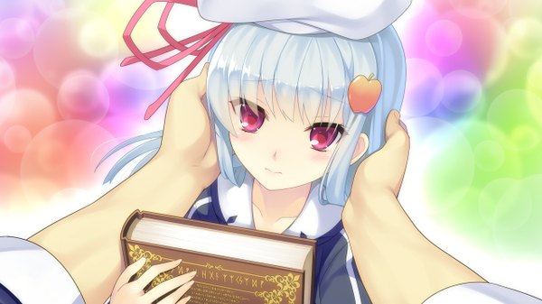 Anime picture 1280x720 with tokeijikake no ley line rito (tokeijikake no ley line) urabi (tomatohouse) single blush fringe short hair red eyes wide image blue hair game cg from above arms behind head girl hair ornament ribbon (ribbons) hair ribbon hairclip book (books) beret