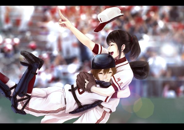 Anime picture 1500x1060 with doctor k infinote short hair open mouth black hair brown hair multiple girls ponytail eyes closed hug happy baseball girl 2 girls pants flat cap baseball mitt