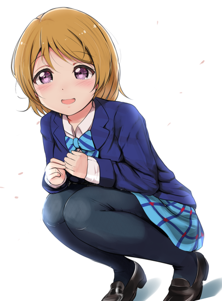 Anime picture 1103x1492 with love live! school idol project sunrise (studio) love live! koizumi hanayo ankoiri single tall image blush short hair open mouth simple background brown hair white background purple eyes looking away :d squat girl uniform school uniform