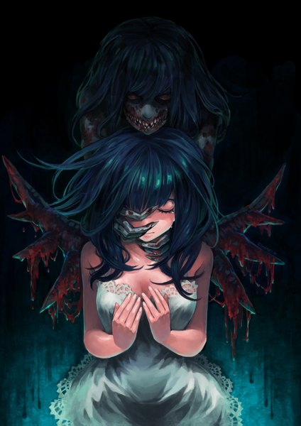 Anime picture 1000x1415 with original zunaki single long hair tall image black hair smile bare shoulders eyes closed tears grin crying creepy girl dress white dress blood monster claws