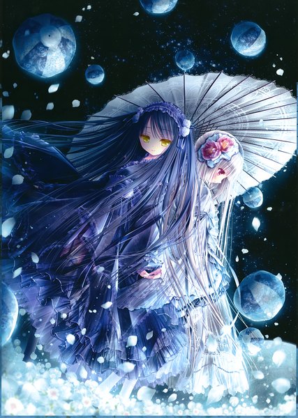 Anime-Bild 3464x4869 mit tinker bell tall image looking at viewer blush highres black hair red eyes yellow eyes absurdres white hair very long hair scan official art loli dark background lolita fashion dress flower (flowers) petals umbrella