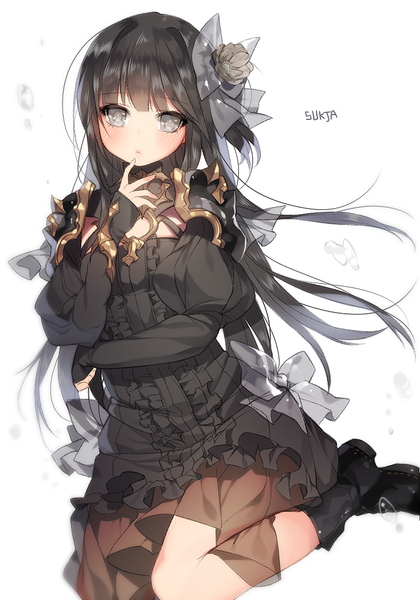 Anime picture 700x1000 with original sorolp single long hair tall image looking at viewer blush fringe black hair simple background white background sitting signed bent knee (knees) long sleeves hair flower :o puffy sleeves finger to mouth silver eyes