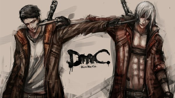 Anime picture 1897x1067 with devil may cry dante (devil may cry) dualnaito highres short hair black hair red eyes wide image white hair open clothes open jacket crossover weapon tongue fingerless gloves gun