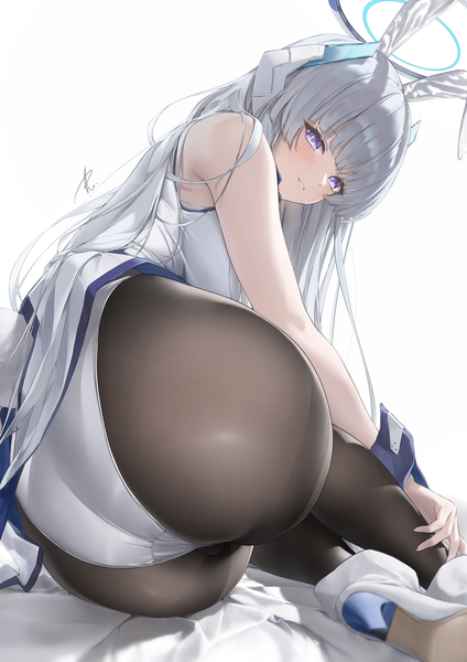 Anime picture 2894x4093 with blue archive noa (blue archive) yabacha single long hair tall image looking at viewer blush fringe highres breasts light erotic simple background white background sitting purple eyes animal ears silver hair ass blunt bangs