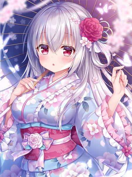 Anime-Bild 800x1067 mit original mitsuba choco single long hair tall image looking at viewer blush fringe breasts open mouth hair between eyes red eyes large breasts standing holding payot silver hair upper body nail polish traditional clothes