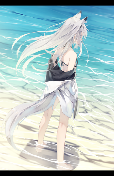 Anime picture 1114x1707 with azur lane kawakaze (azur lane) nagishiro mito single long hair tall image fringe breasts blue eyes light erotic standing bare shoulders animal ears payot looking away silver hair full body outdoors tail animal tail