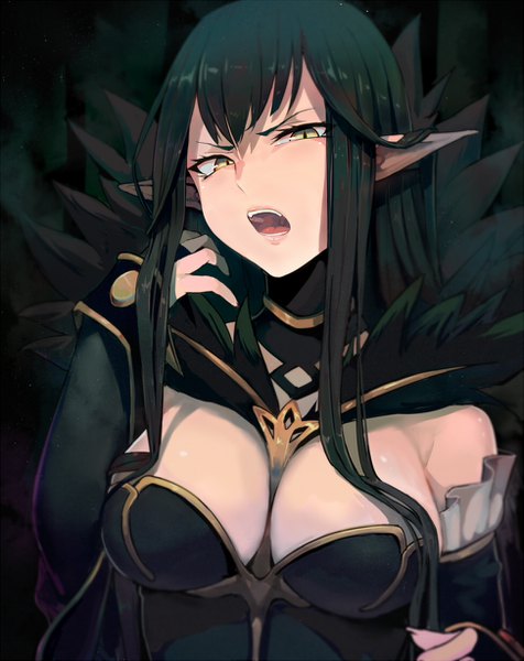Anime picture 973x1227 with fate (series) fate/apocrypha semiramis (fate) walzrj single long hair tall image looking at viewer blush fringe breasts open mouth light erotic hair between eyes large breasts yellow eyes payot cleavage upper body head tilt