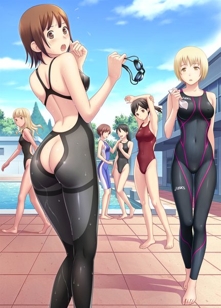 Anime picture 1415x1963 with kuri (kurigohan) tall image short hair open mouth light erotic black hair blonde hair red eyes brown hair standing multiple girls brown eyes yellow eyes ass looking back from behind wet back covered navel group