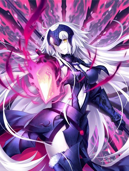 Anime picture 604x800 with fate (series) fate/grand order fate/apocrypha jeanne d'arc (fate) (all) jeanne d'arc alter (fate) jeanne d'arc alter (avenger) (third ascension) (fate) kousaki rui long hair tall image looking at viewer light erotic smile holding signed yellow eyes ahoge white hair teeth fur trim glowing